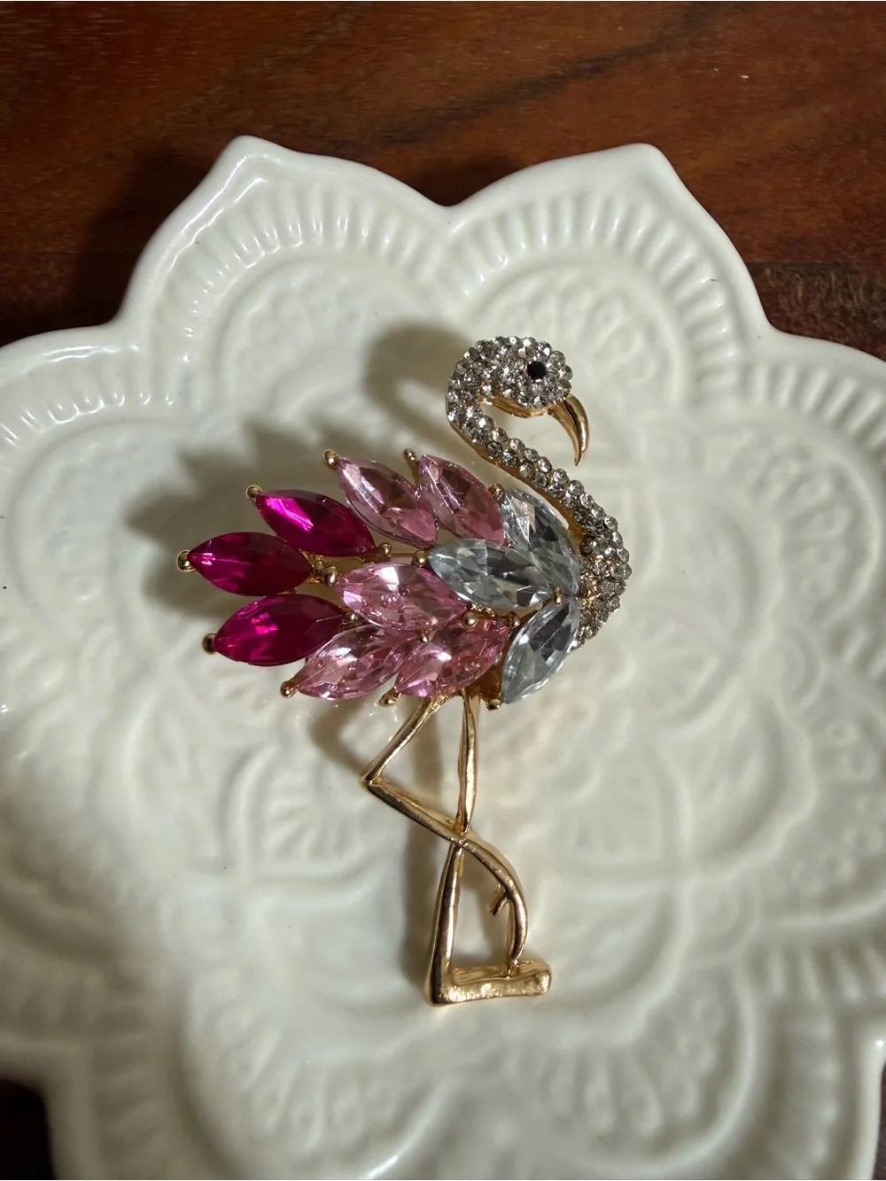 New sparkling gold-tone flamingo brooch adorned with pink and clear crystals